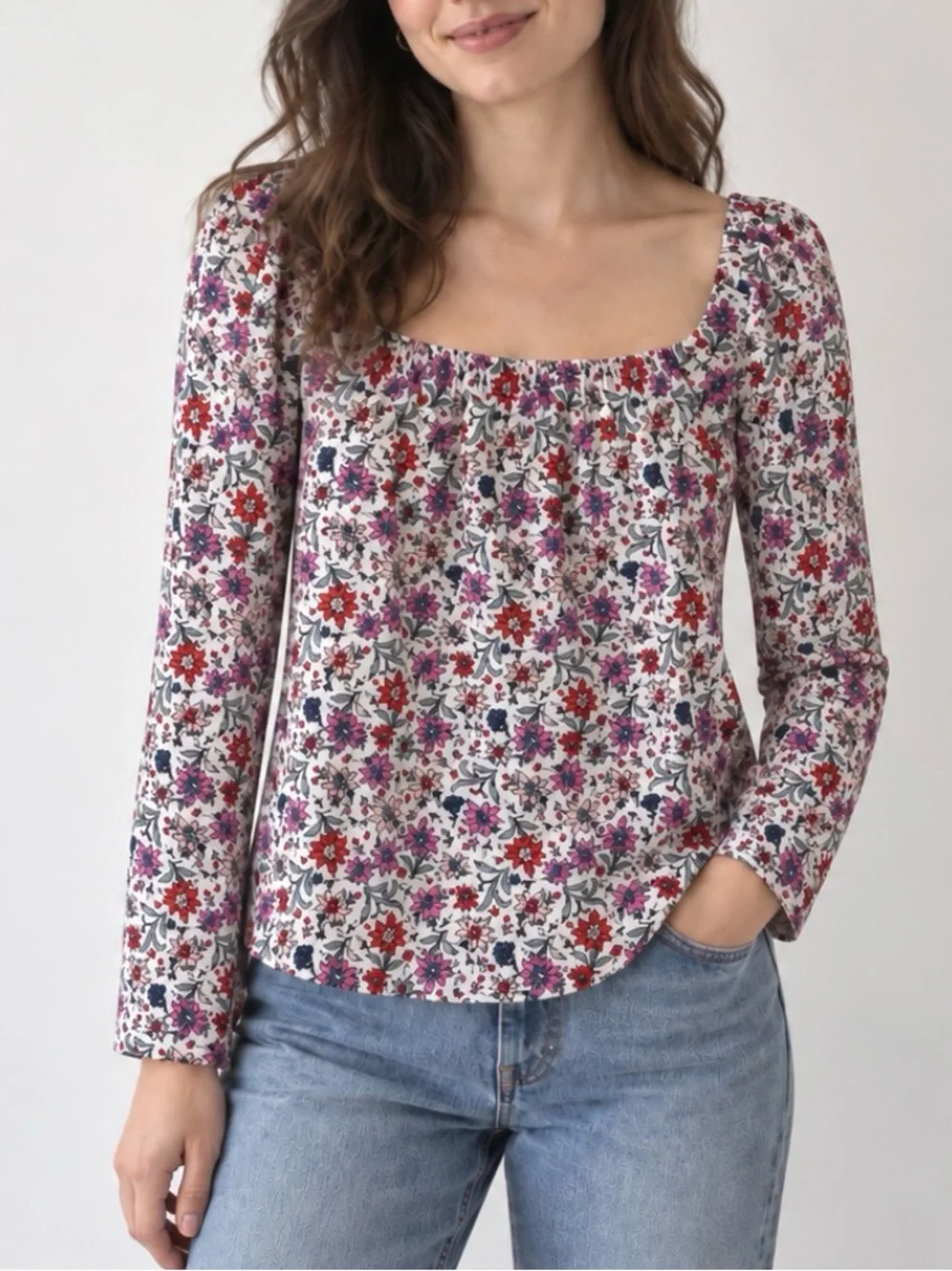 LOFT Floral Square Neck Puff Sleeve Top Size S White Pink Red Stretch Blouse